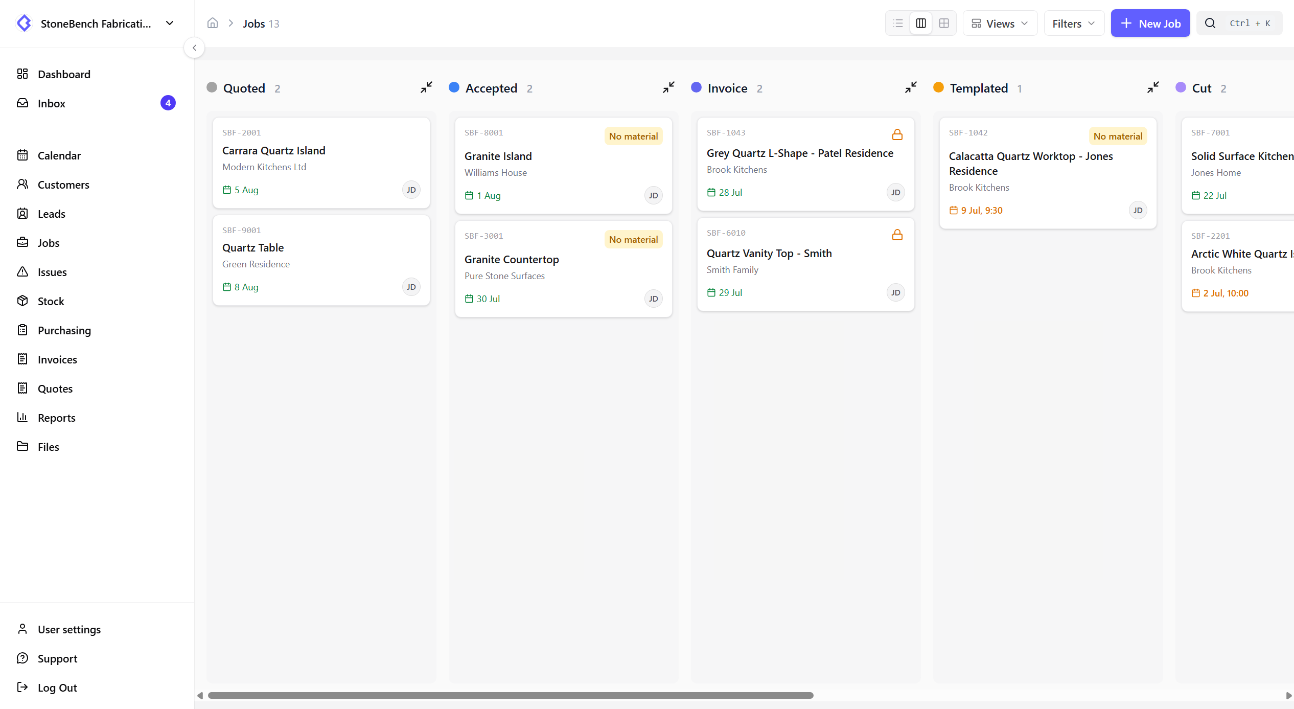 CutBench jobs pipeline board showing worktop jobs across stages from quoted to cut
