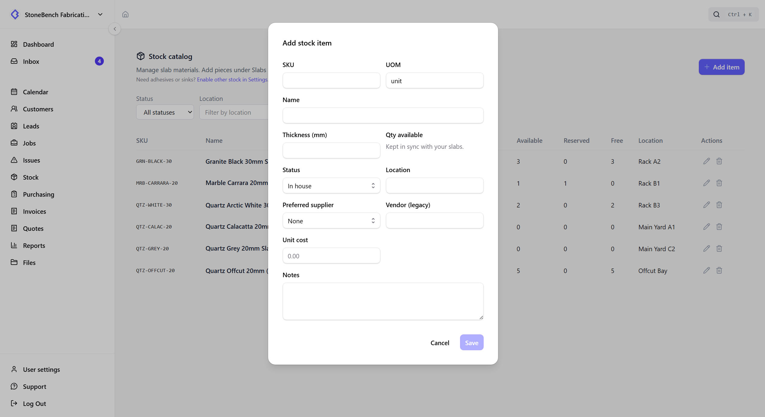 CutBench stock management showing slabs, remnants, and material status